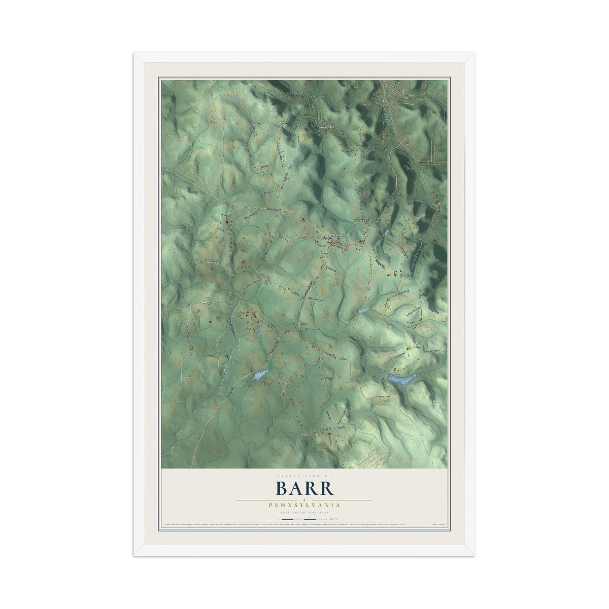 Map of Barr, Pennsylvania, 12 x 18 inch print in a white wood frame