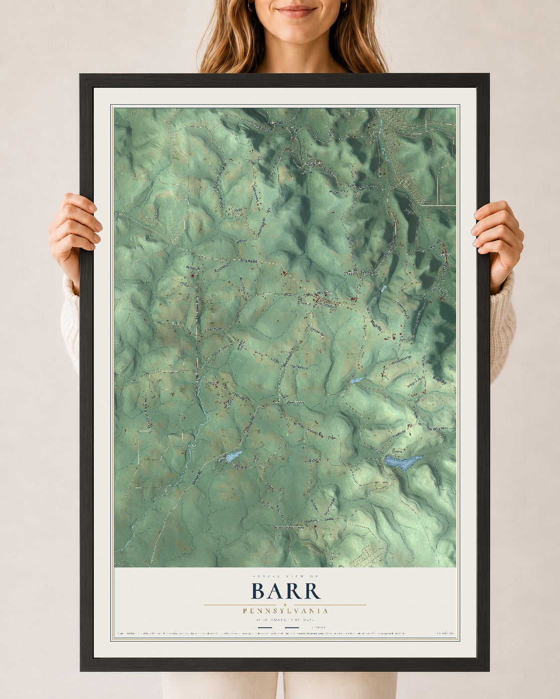 Map of Barr, Pennsylvania, 24 x 36 inch print in a black wood frame