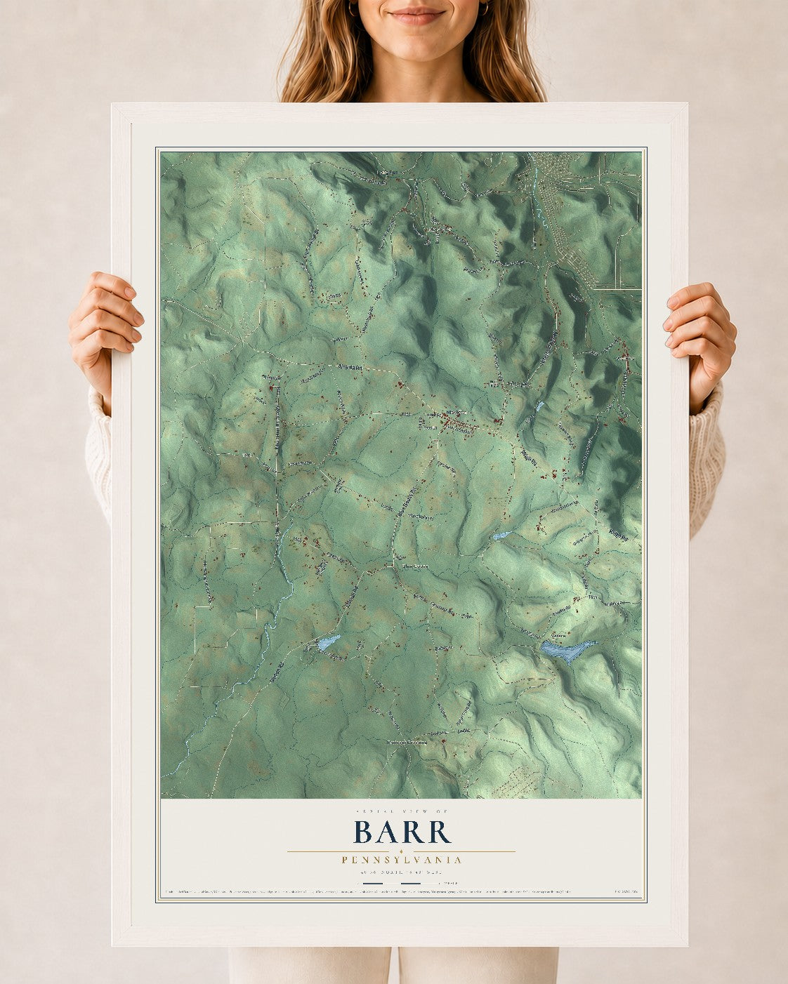 Map of Barr, Pennsylvania, 24 x 36 inch print in a white wood frame