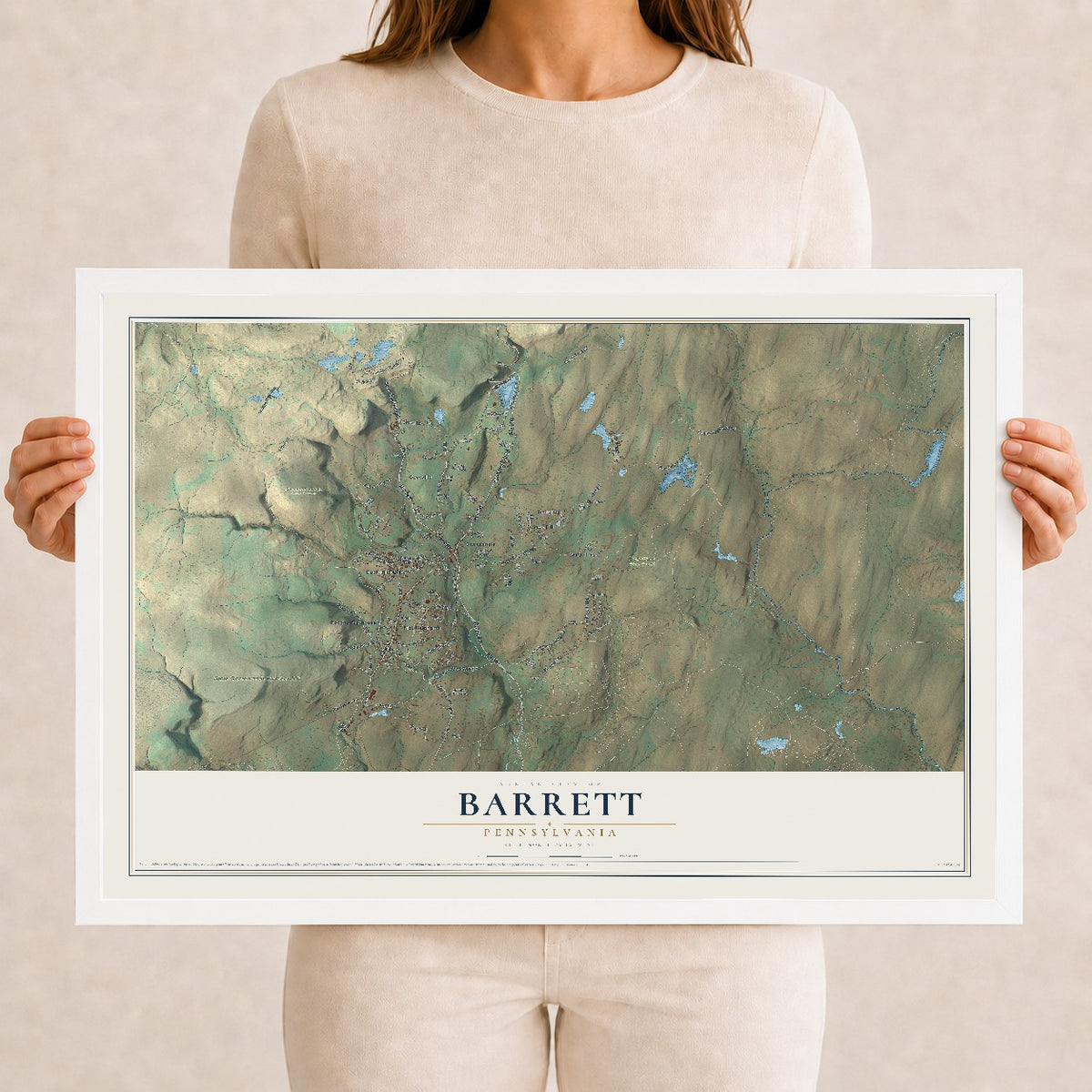 Map of Barrett, Pennsylvania, 12 x 18 inch print in a white wood frame