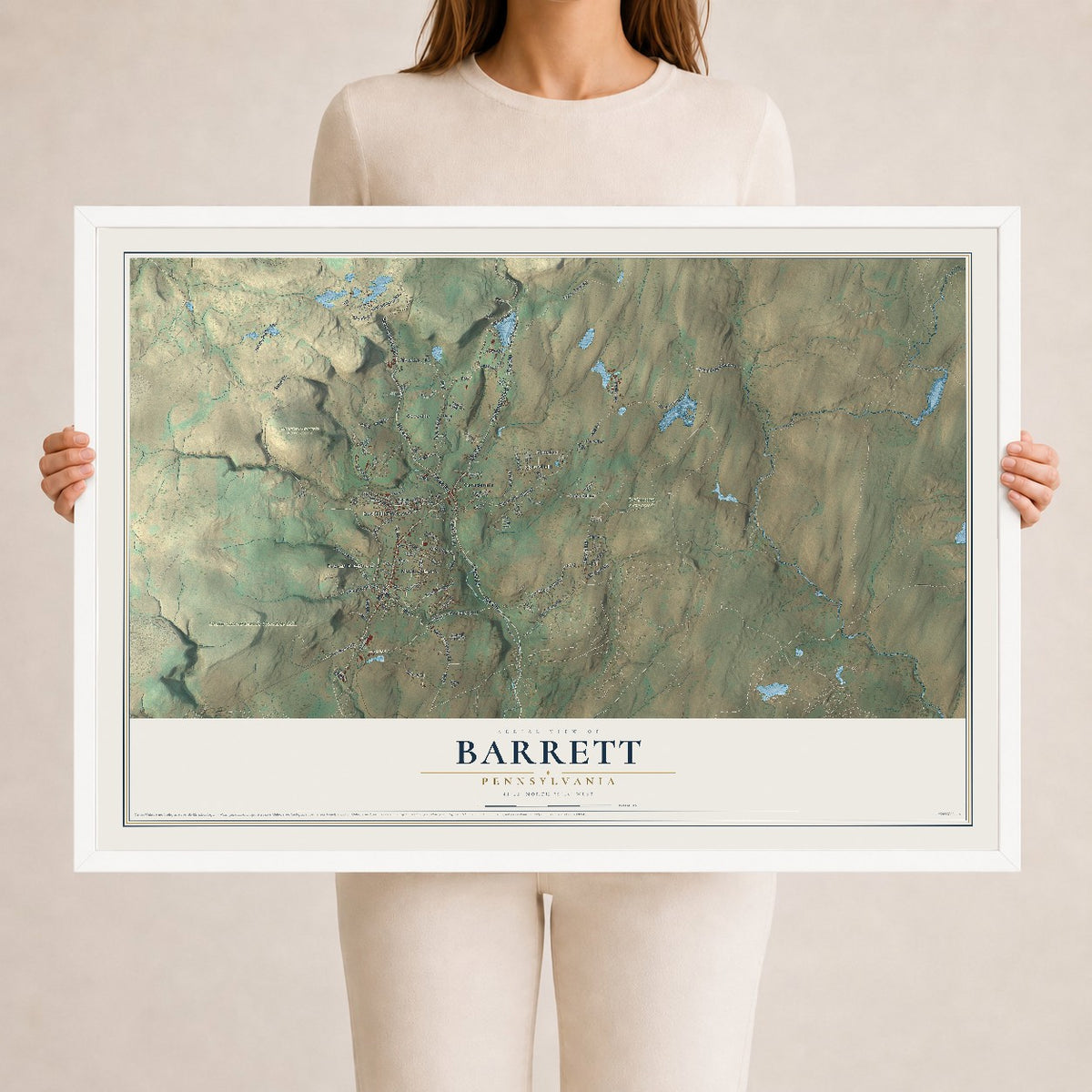 Map of Barrett, Pennsylvania, 24 x 36 inch print in a white wood frame
