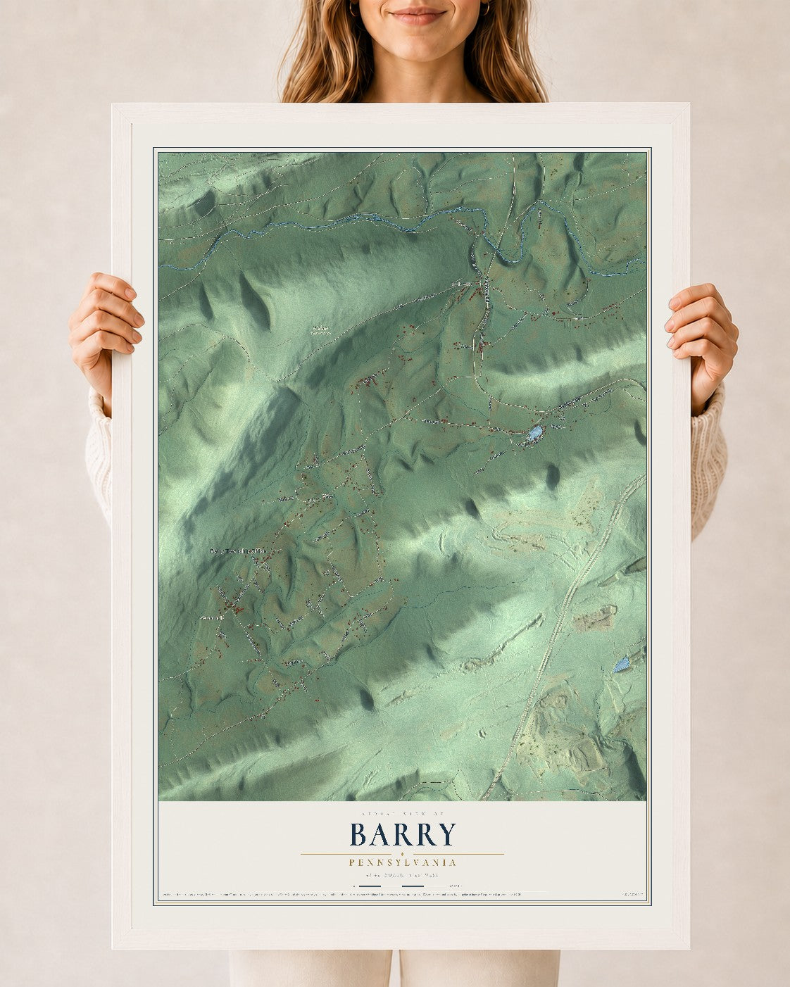 Map of Barry, Pennsylvania, 24 x 36 inch print in a white wood frame