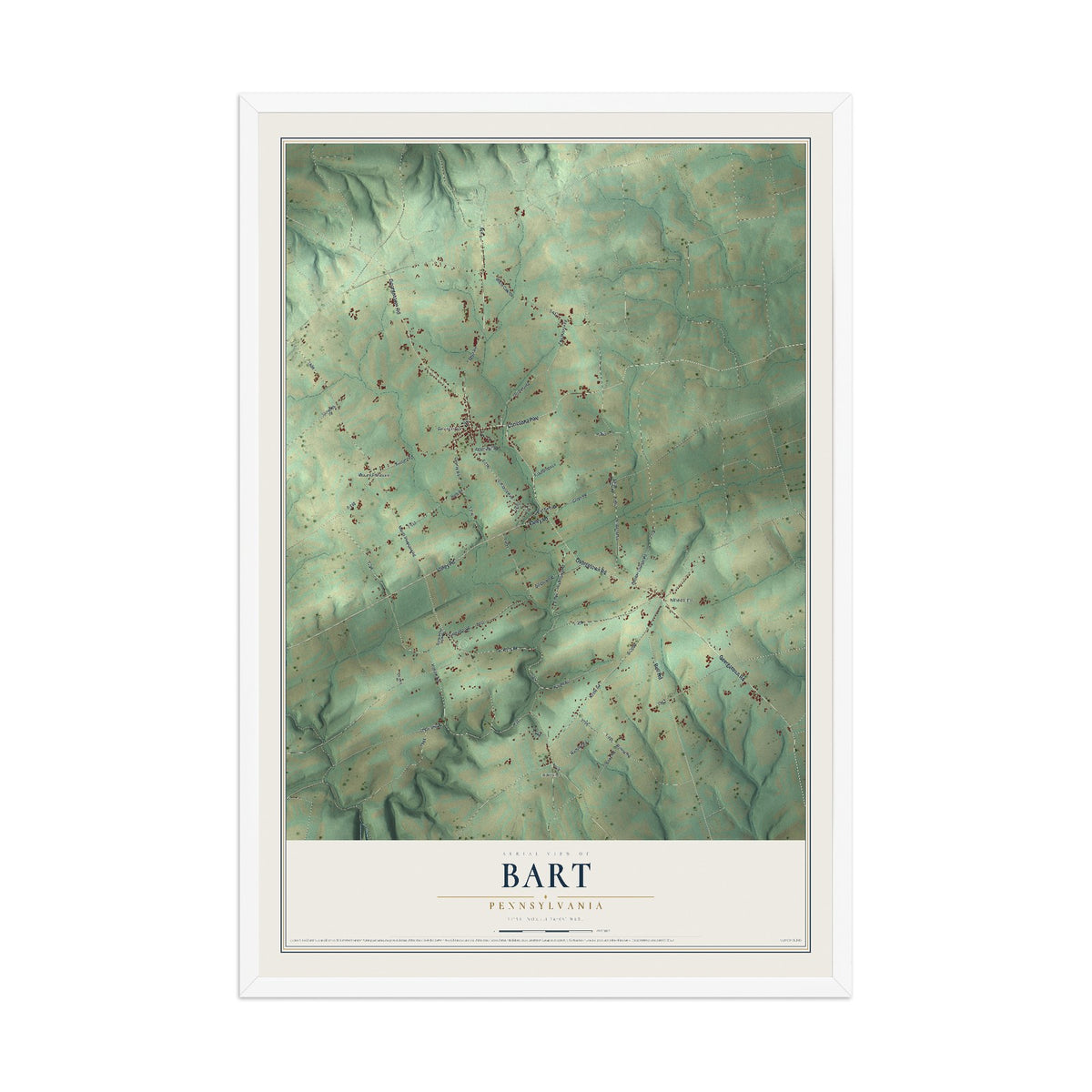 Map of Bart, Pennsylvania, 12 x 18 inch print in a white wood frame