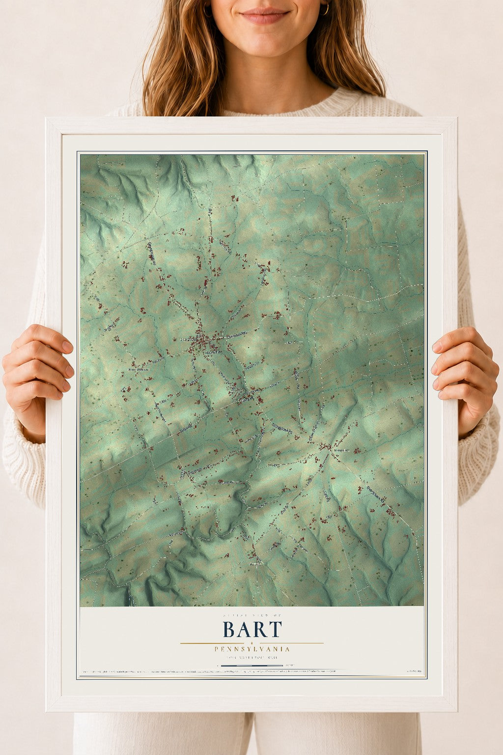 Map of Bart, Pennsylvania, 18 x 24 inch print in a white wood frame