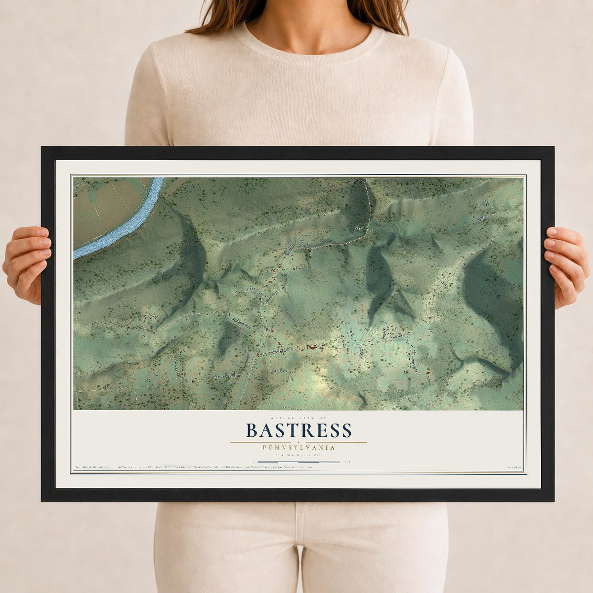 Map of Bastress, Pennsylvania, 12 x 18 inch print in a black wood frame