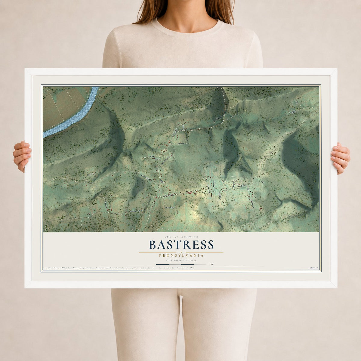Map of Bastress, Pennsylvania, 24 x 36 inch print in a white wood frame
