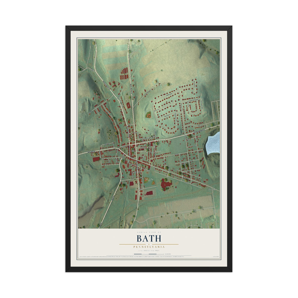 Map of Bath, Pennsylvania, 12 x 18 inch print in a black wood frame