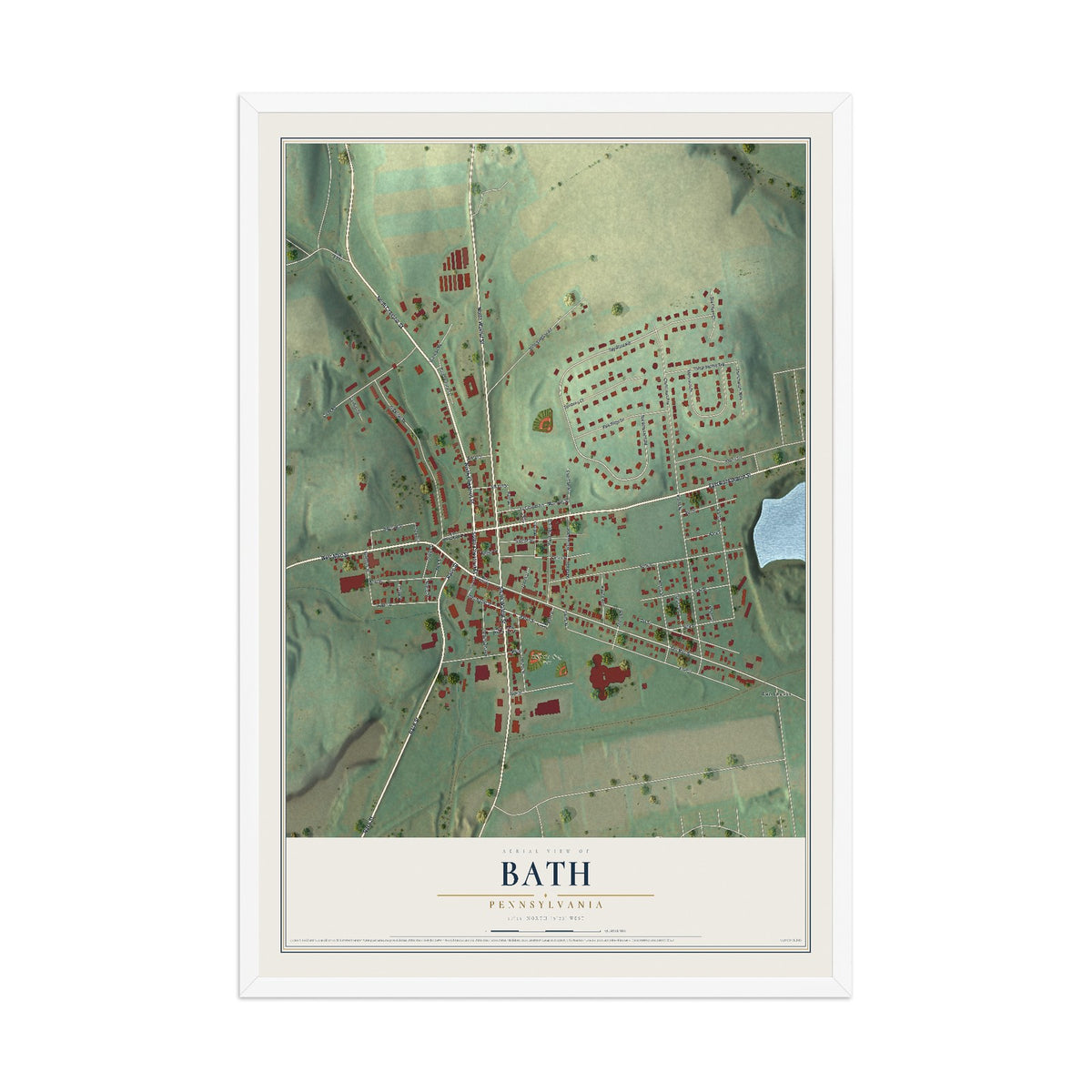 Map of Bath, Pennsylvania, 12 x 18 inch print in a white wood frame