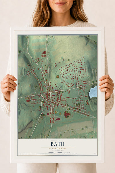 Map of Bath, Pennsylvania, 18 x 24 inch print in a white wood frame