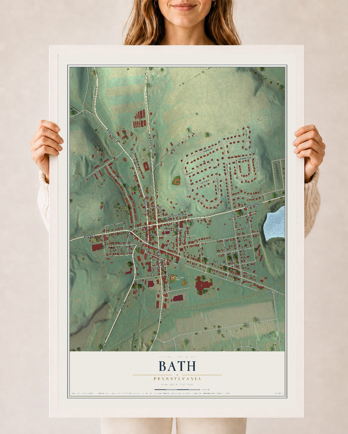 Map of Bath, Pennsylvania, 24 x 36 inch print in a white wood frame