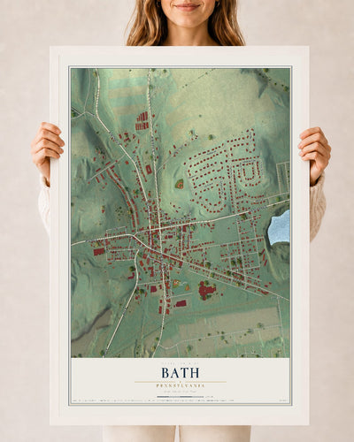 Map of Bath, Pennsylvania, 24 x 36 inch print in a white wood frame