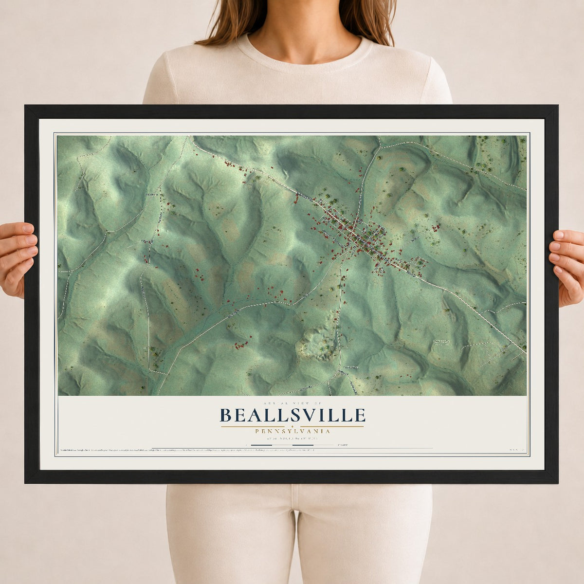 Map of Beallsville, Pennsylvania, 18 x 24 inch print in a black wood frame