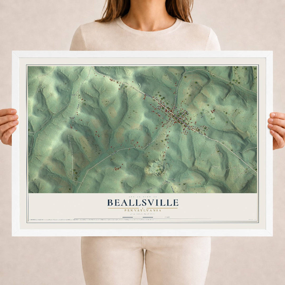Map of Beallsville, Pennsylvania, 18 x 24 inch print in a white wood frame