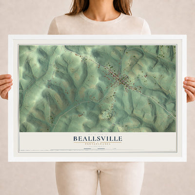 Map of Beallsville, Pennsylvania, 18 x 24 inch print in a white wood frame