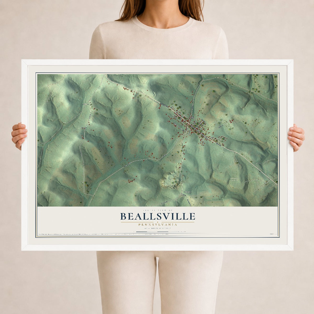 Map of Beallsville, Pennsylvania, 24 x 36 inch print in a white wood frame