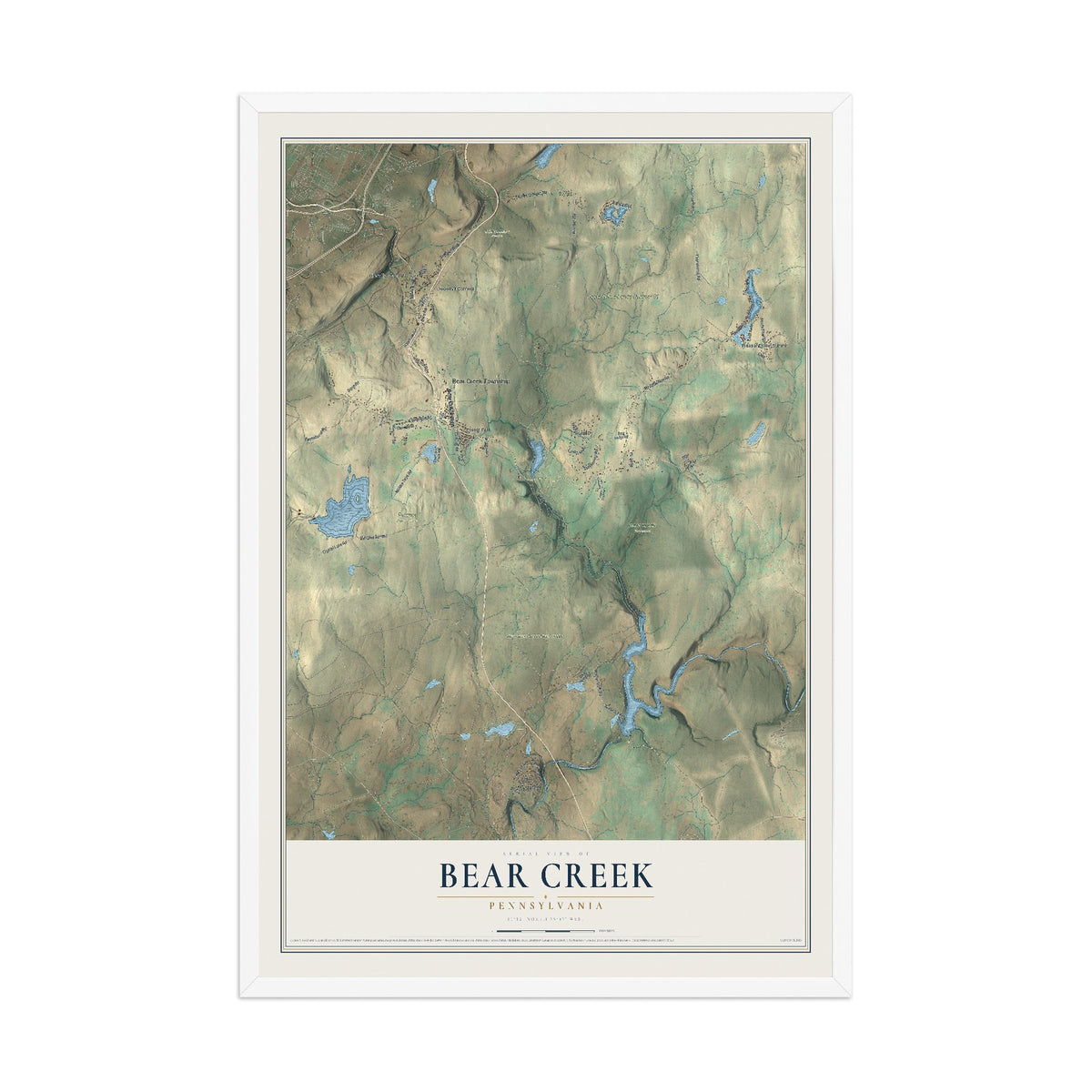 Map of Bear Creek, Pennsylvania, 12 x 18 inch print in a white wood frame