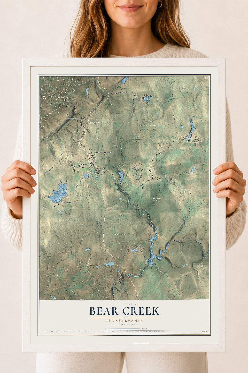 Map of Bear Creek, Pennsylvania, 18 x 24 inch print in a white wood frame