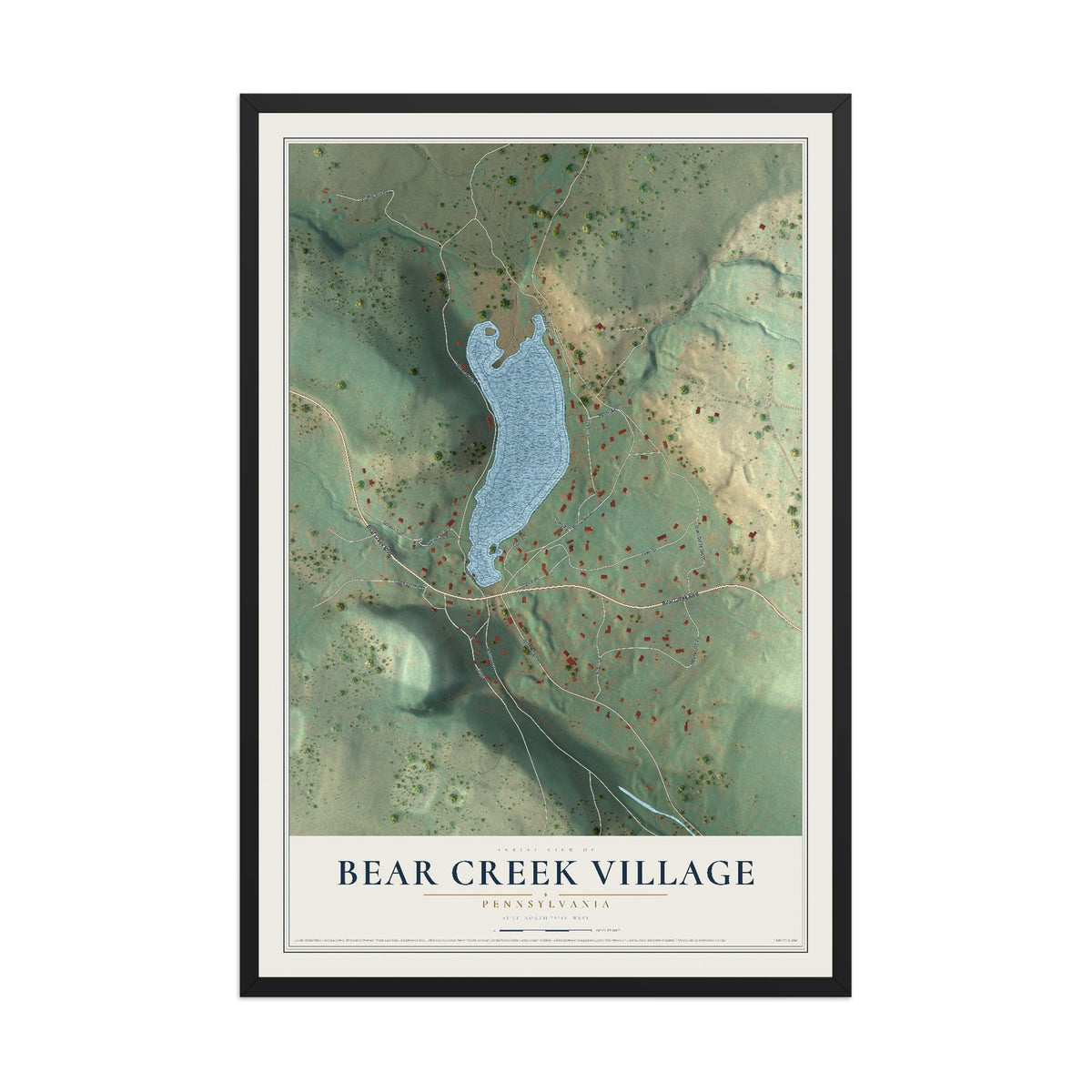Map of Bear Creek Village, Pennsylvania, 12 x 18 inch print in a black wood frame