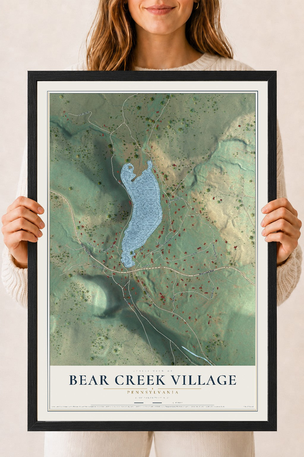 Map of Bear Creek Village, Pennsylvania, 18 x 24 inch print in a black wood frame