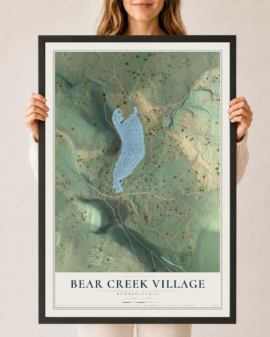 Map of Bear Creek Village, Pennsylvania, 24 x 36 inch print in a black wood frame