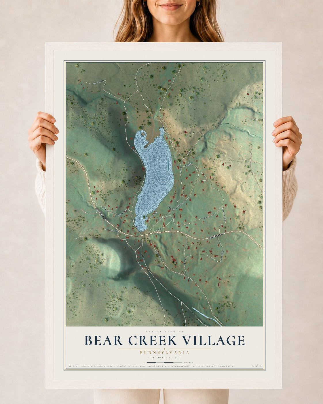 Map of Bear Creek Village, Pennsylvania, 24 x 36 inch print in a white wood frame