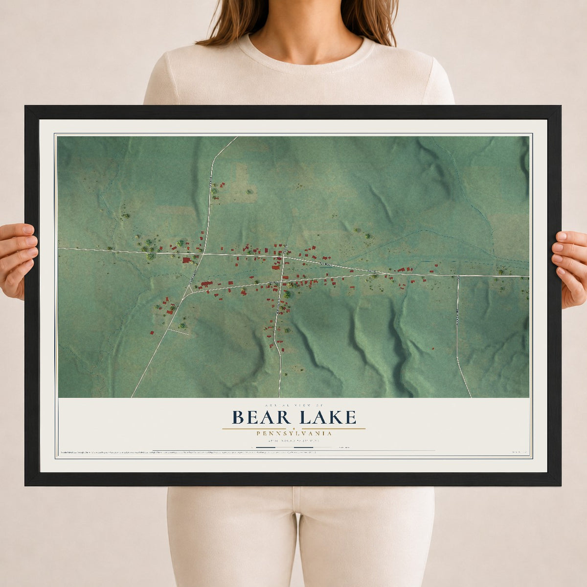 Map of Bear Lake, Pennsylvania, 18 x 24 inch print in a black wood frame