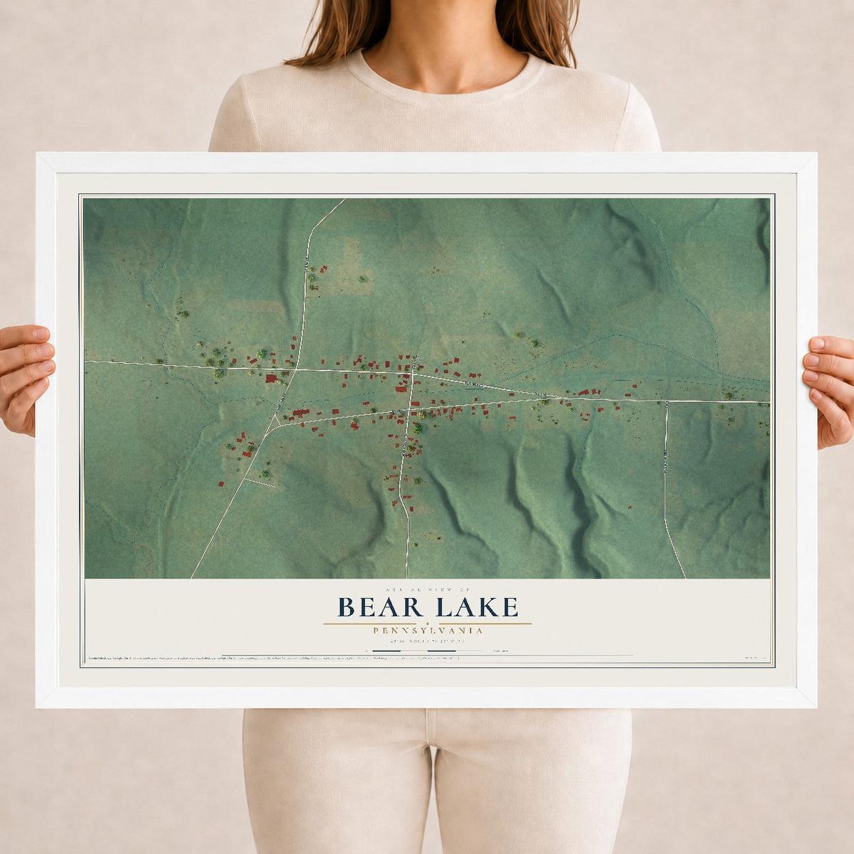 Map of Bear Lake, Pennsylvania, 18 x 24 inch print in a white wood frame