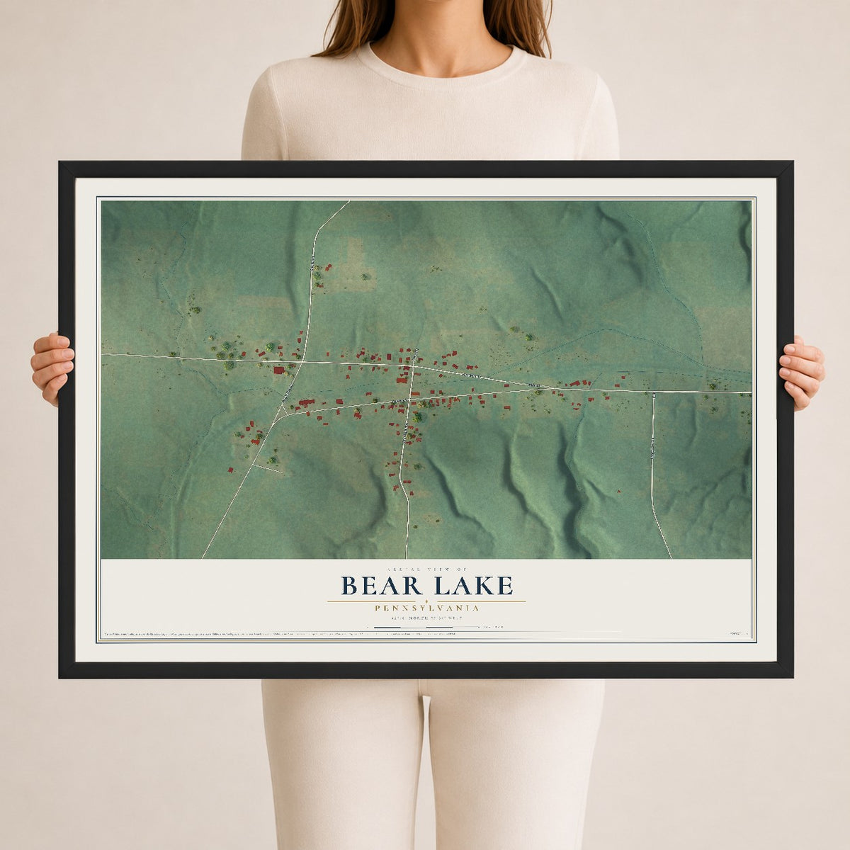 Map of Bear Lake, Pennsylvania, 24 x 36 inch print in a black wood frame