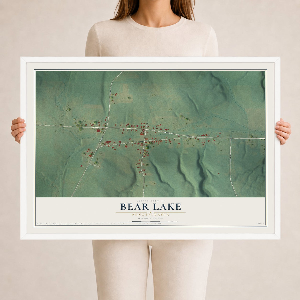 Map of Bear Lake, Pennsylvania, 24 x 36 inch print in a white wood frame