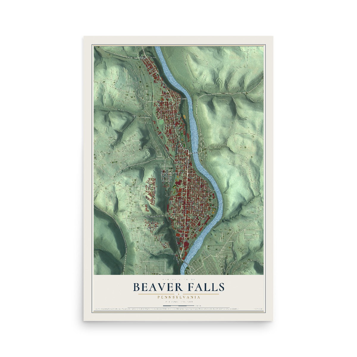 Map of Beaver Falls, Pennsylvania, 12 x 18 inch unframed archival matte print