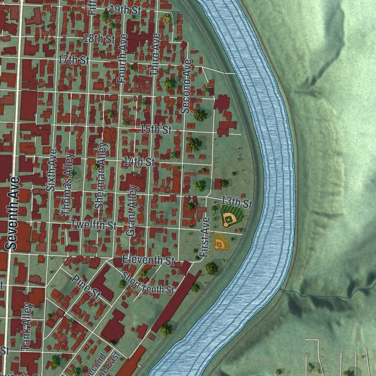 Second close-up of the map of Beaver Falls, Pennsylvania print showing more streets and buildings