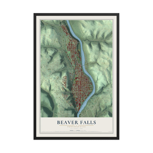 Map of Beaver Falls, Pennsylvania, 12 x 18 inch print in a black wood frame