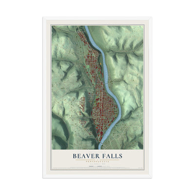 Map of Beaver Falls, Pennsylvania, 12 x 18 inch print in a white wood frame