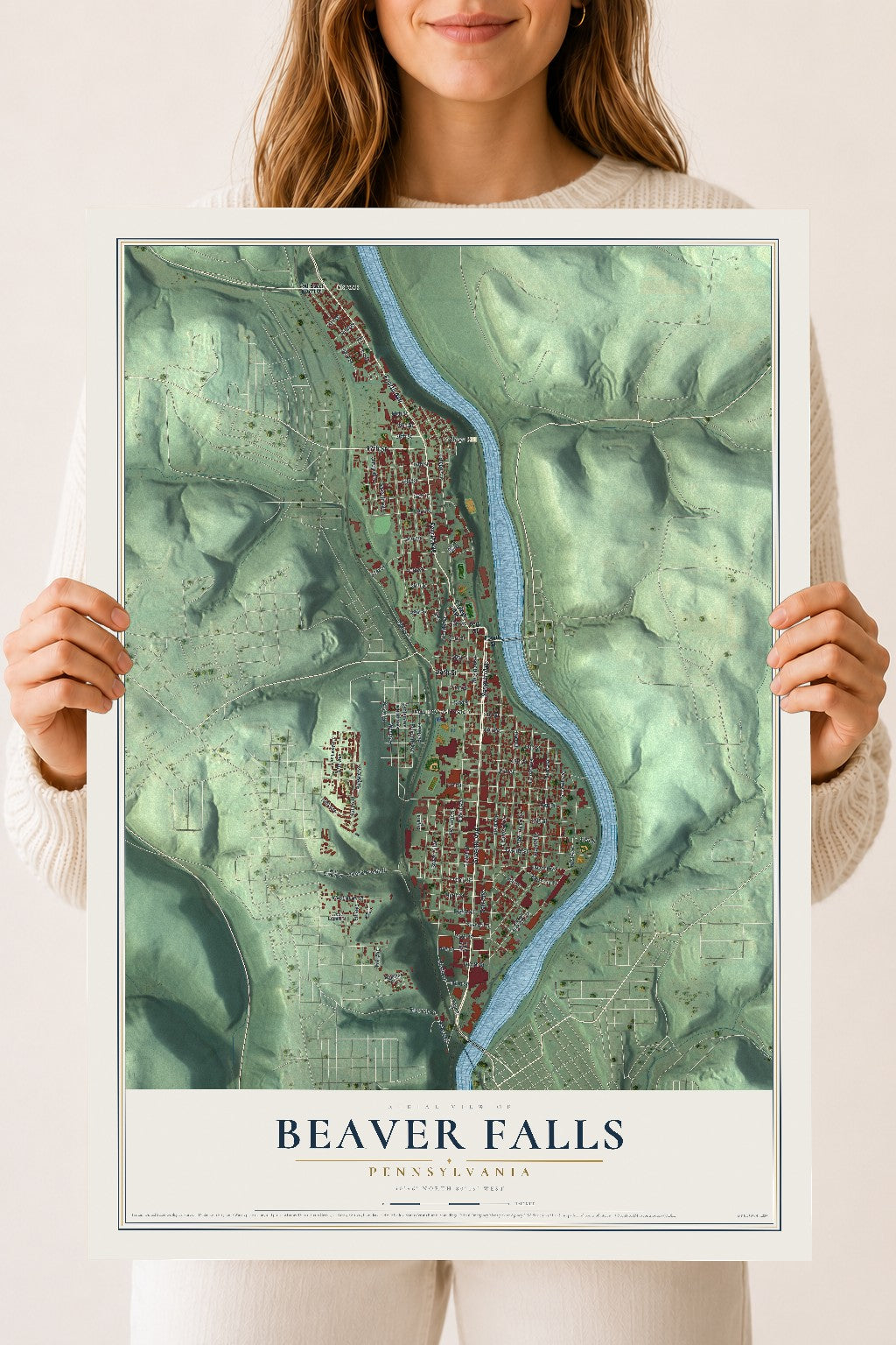 Map of Beaver Falls, Pennsylvania, 18 x 24 inch unframed archival matte print