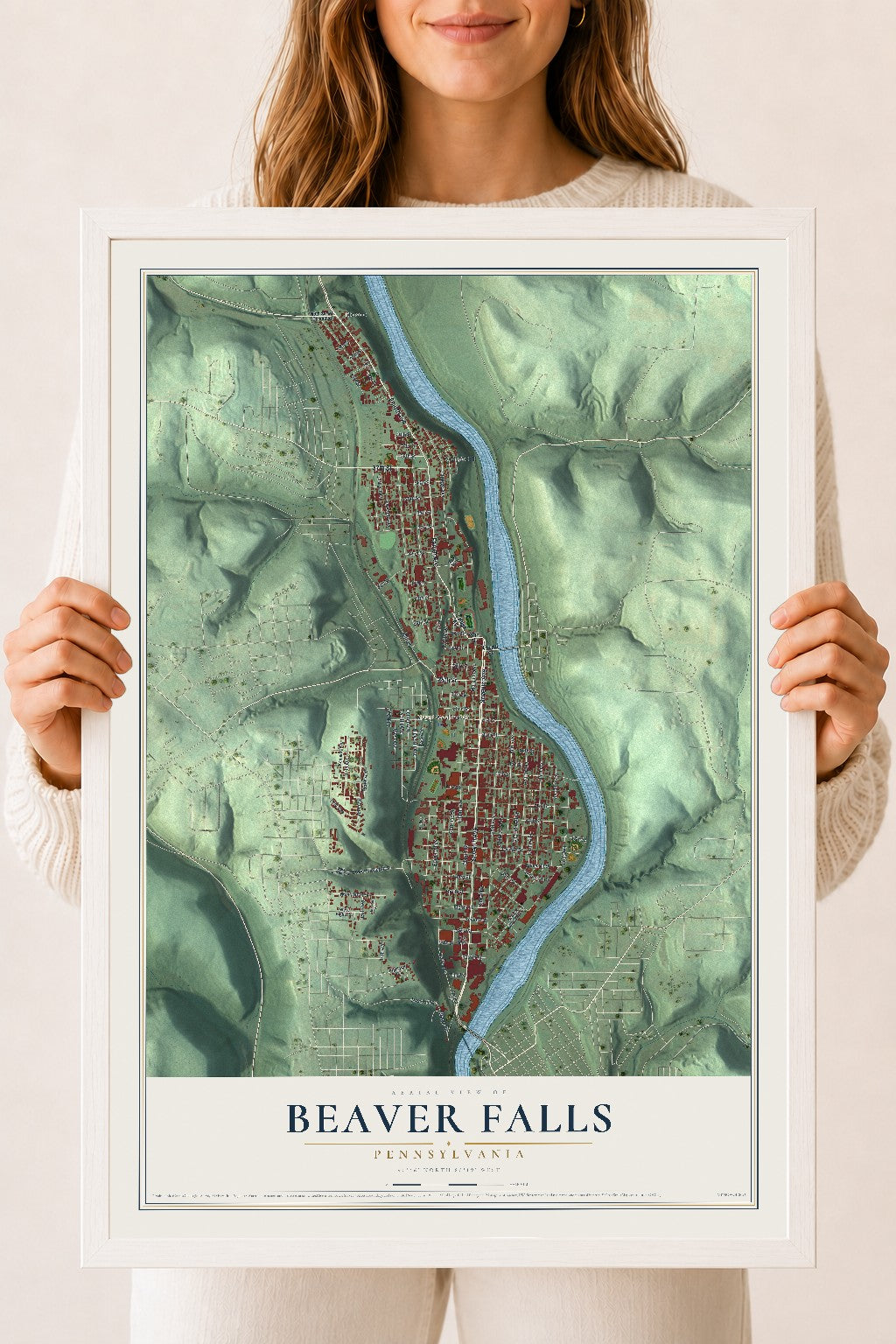 Map of Beaver Falls, Pennsylvania, 18 x 24 inch print in a white wood frame
