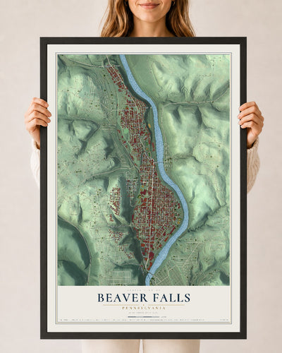 Map of Beaver Falls, Pennsylvania, 24 x 36 inch print in a black wood frame