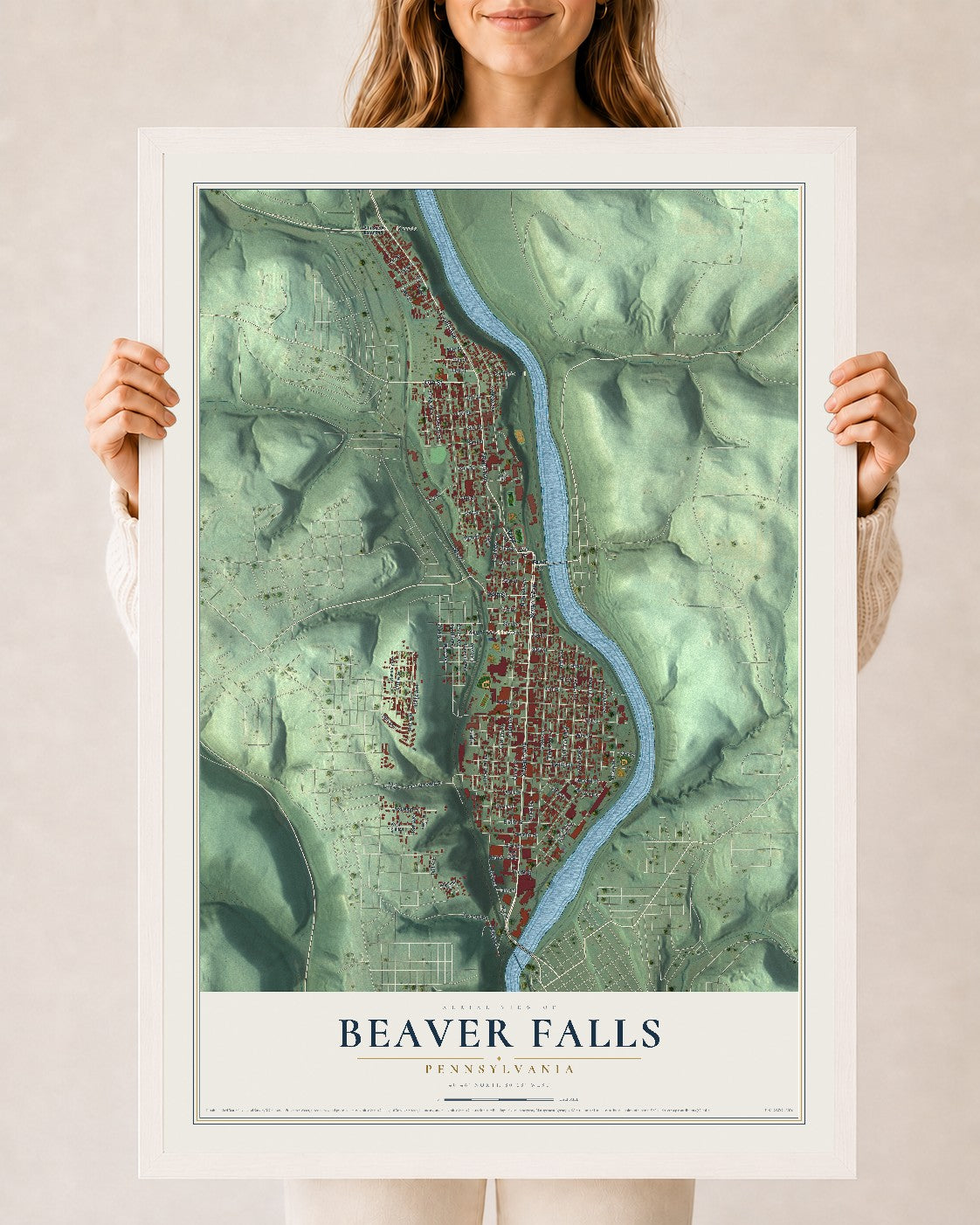 Map of Beaver Falls, Pennsylvania, 24 x 36 inch print in a white wood frame