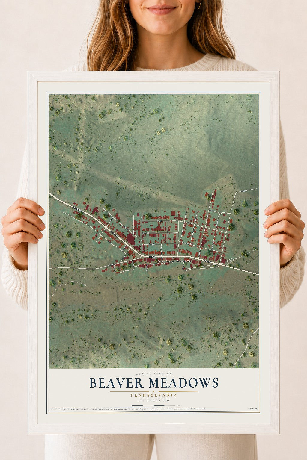 Map of Beaver Meadows, Pennsylvania, 18 x 24 inch print in a white wood frame