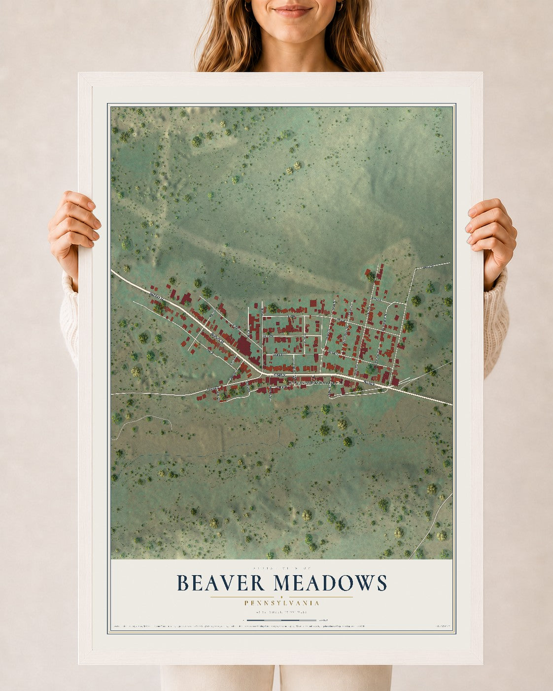 Map of Beaver Meadows, Pennsylvania, 24 x 36 inch print in a white wood frame
