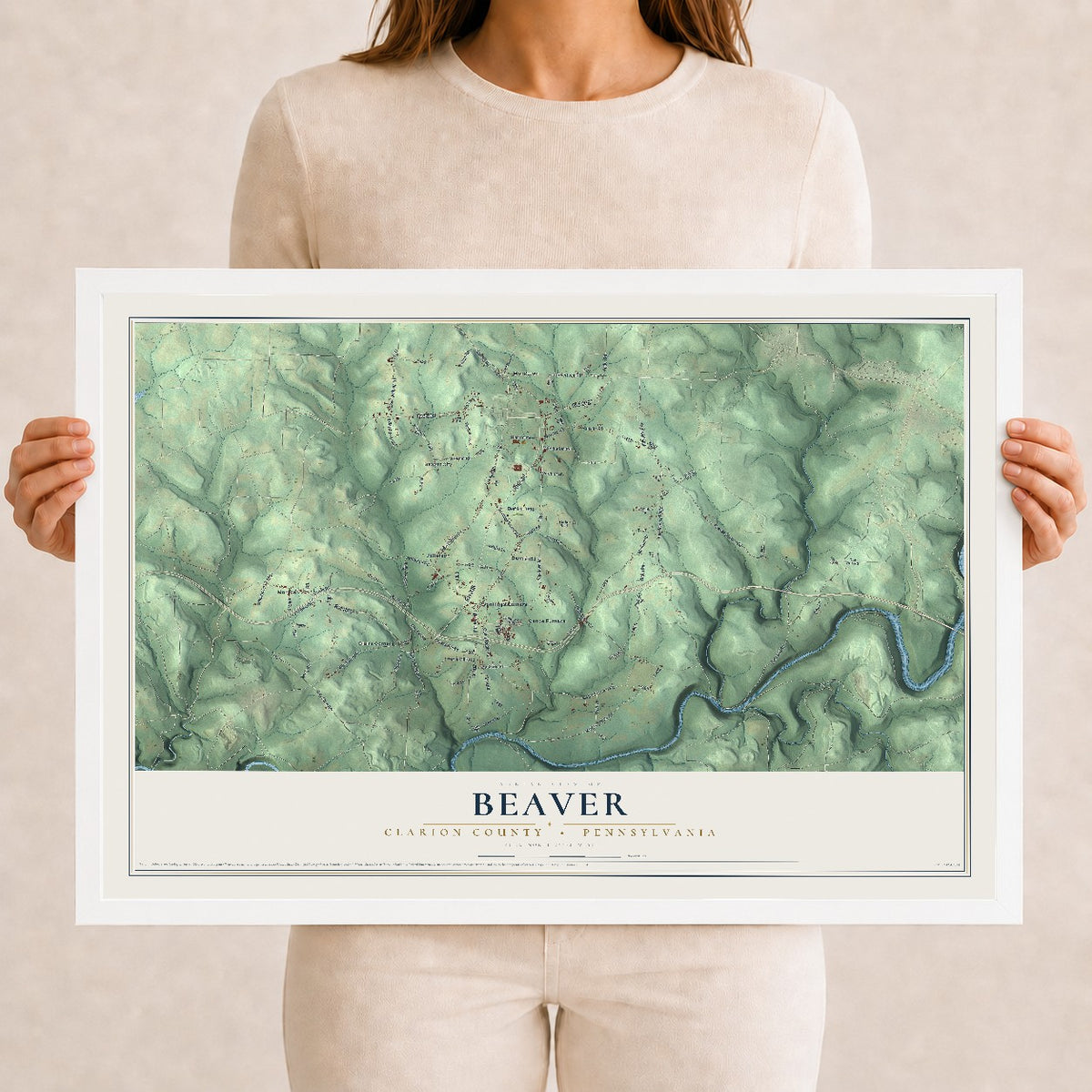 Map of Beaver, Clarion County, Pennsylvania, 12 x 18 inch print in a white wood frame