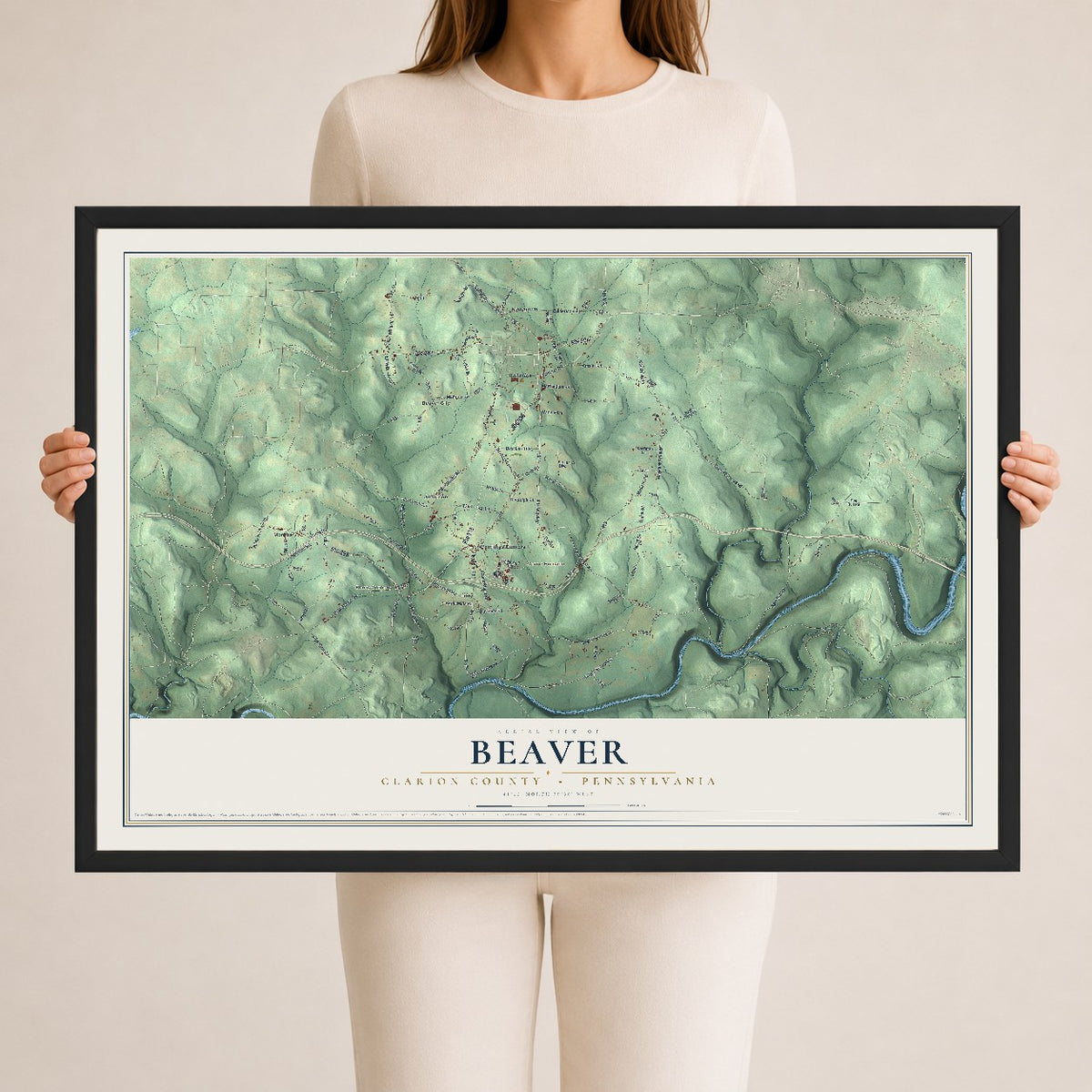 Map of Beaver, Clarion County, Pennsylvania, 24 x 36 inch print in a black wood frame