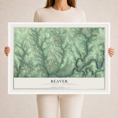 Map of Beaver, Clarion County, Pennsylvania, 24 x 36 inch print in a white wood frame