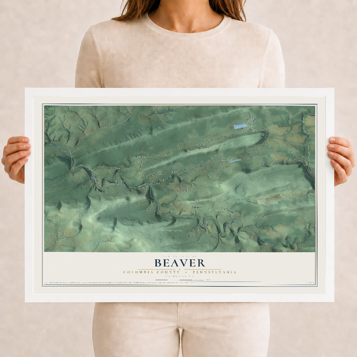 Map of Beaver, Columbia County, Pennsylvania, 12 x 18 inch print in a white wood frame