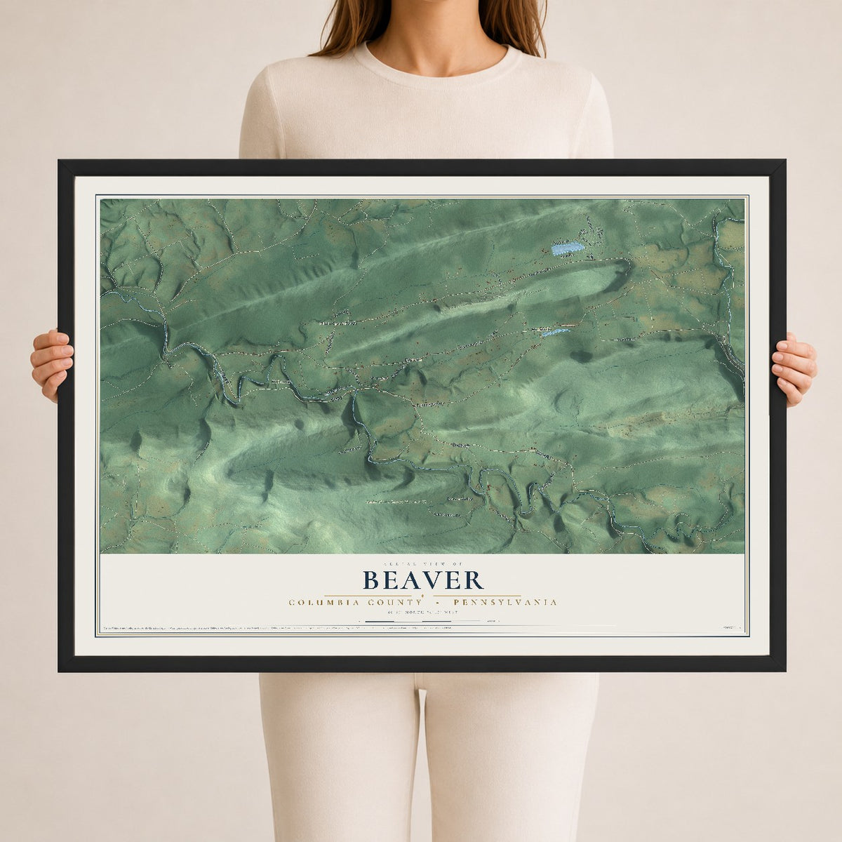 Map of Beaver, Columbia County, Pennsylvania, 24 x 36 inch print in a black wood frame