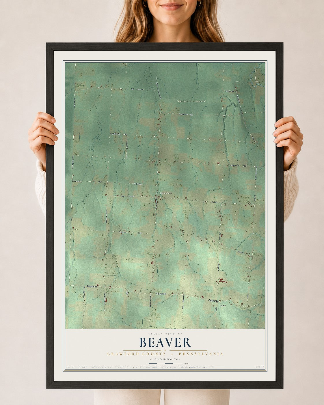 Map of Beaver, Crawford County, Pennsylvania, 24 x 36 inch print in a black wood frame