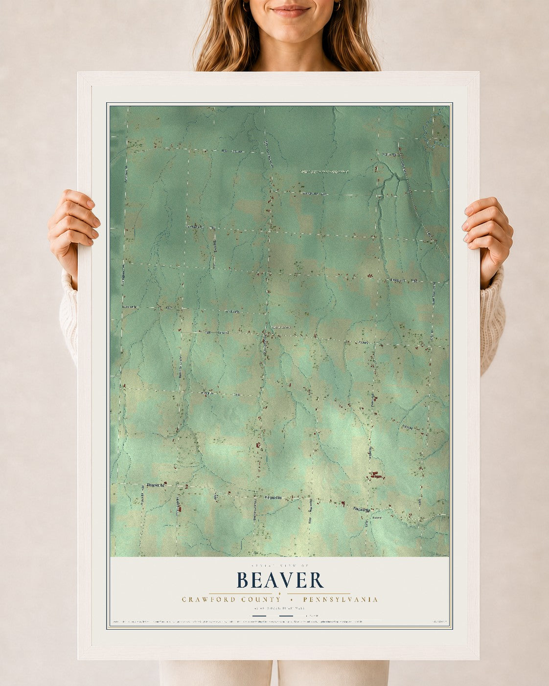 Map of Beaver, Crawford County, Pennsylvania, 24 x 36 inch print in a white wood frame