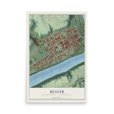 Map of Beaver, Beaver County, Pennsylvania, 12 x 18 inch unframed archival matte print