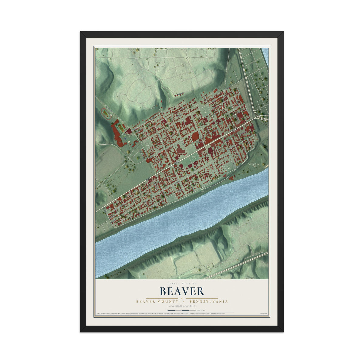 Map of Beaver, Beaver County, Pennsylvania, 12 x 18 inch print in a black wood frame