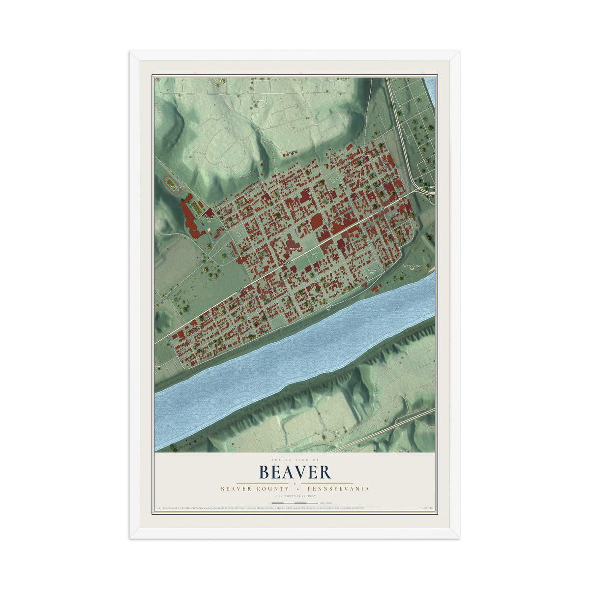 Map of Beaver, Beaver County, Pennsylvania, 12 x 18 inch print in a white wood frame