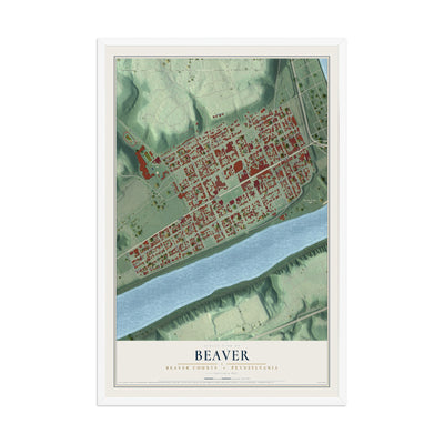 Map of Beaver, Beaver County, Pennsylvania, 12 x 18 inch print in a white wood frame